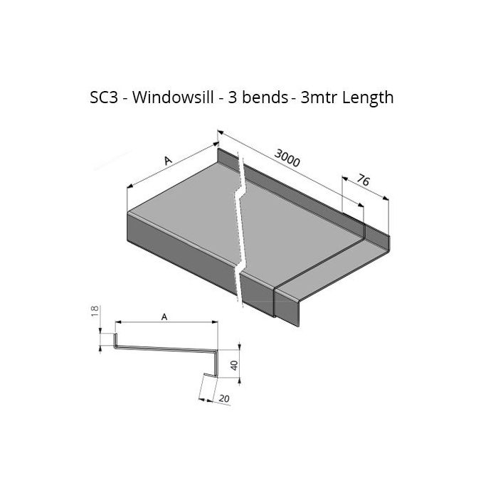 0-200mm Girth (Cill Depth + All Bends) Skyline Aluminium Windowsill - 3 Bend - 3mtr Length - One of 26 Standard RAL Colours TBC