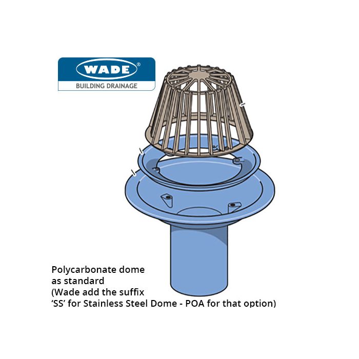 100mm Wade Vertical Spigot Medium Sump Roof Outlet - Standard Polycarbonate Dome