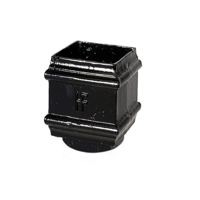 100x100mm (4"x4") Hargreaves Foundry Cast Iron Square Downpipe Square To 65mm Round Connector - Pre-painted Black