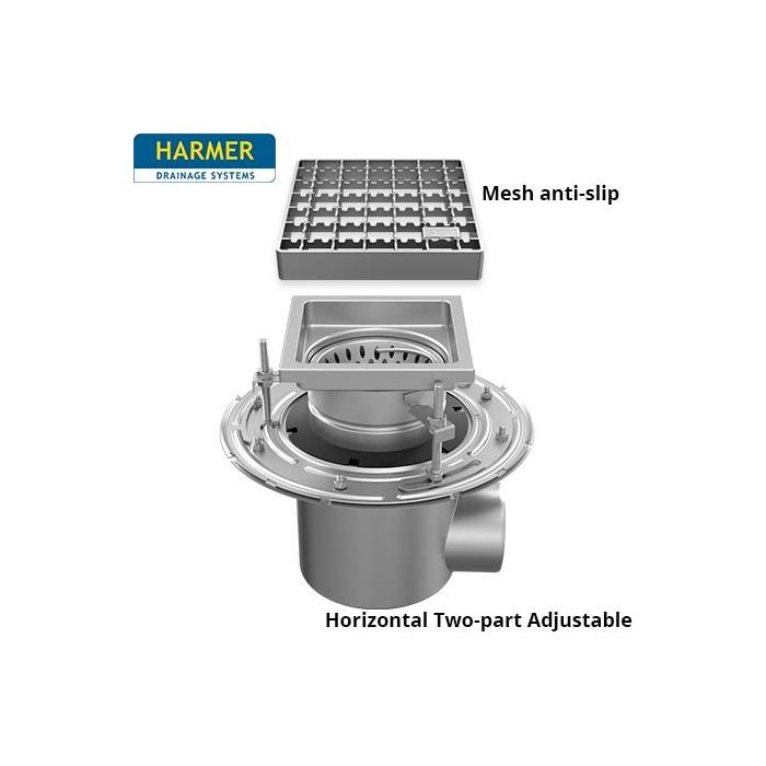 110mm Stainless Steel Horizontal Two Part Drain - comes with 300mm Square Mesh Anti Slip Grate 