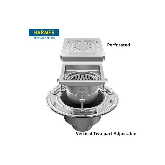 110mm Stainless Steel Vertical Two Part Drain - comes with 200mm Square Perforated Grate 