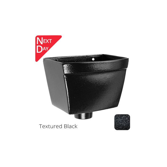 250mm Cast Aluminium Rectangular Hopper Head 100mm (4") Outlet - Textured Black - now with next day delivery