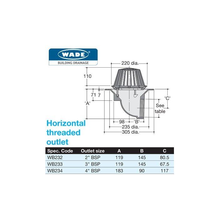 100mm Wade 90Deg BSP Threaded Medium Sump Roof Outlet