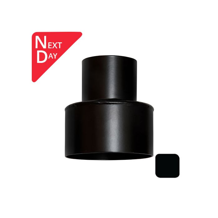 63mm (2.5") Swaged Round Aluminium Downpipe to 110mm Soil Pipe Adaptor - RAL 9005M Matt Black - from Rainclear Systems