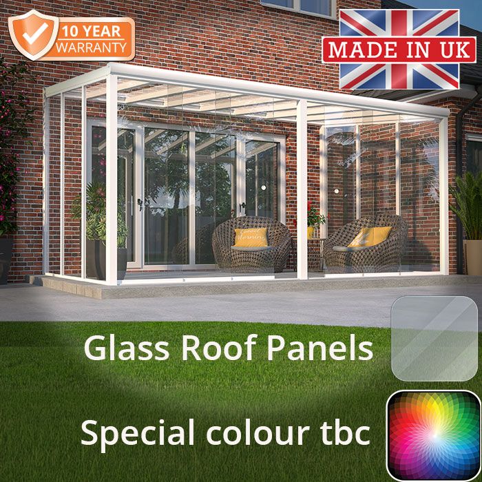 6x3m contemporary Aluminium Garden Room - Special Colour -TBC - 3 Posts - 8 Glass Roof-Panels and Sliding doors