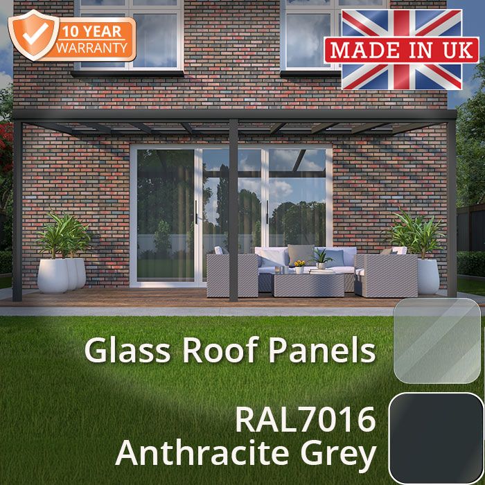 6x3m contemporary Aluminium Veranda - Anthracite Grey - 3 Posts - 8 Glass Roof Panels