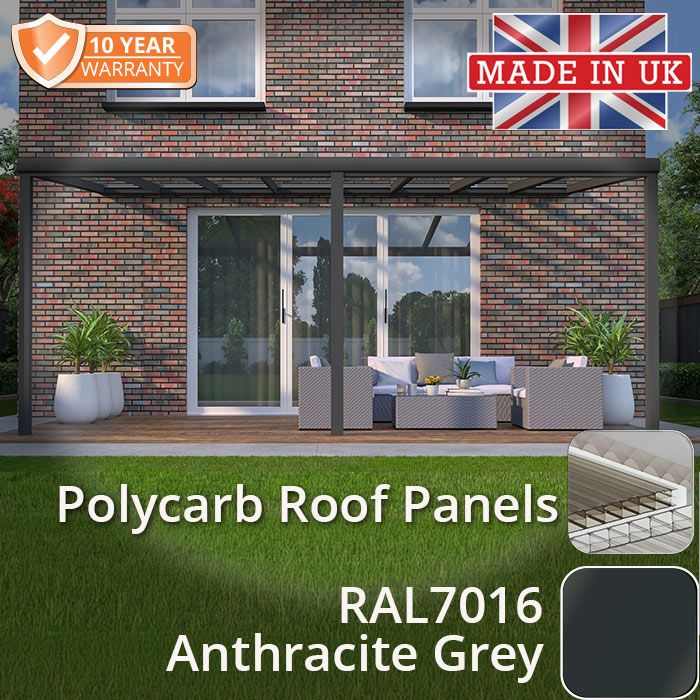 6x3m contemporary Aluminium Veranda - Anthracite Grey - 3 Posts - 6 Opal Polycarbonate Roof Panels