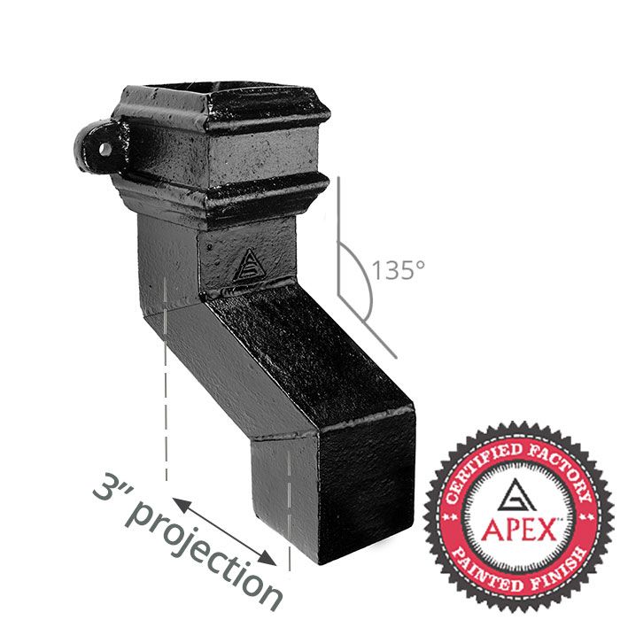 Cast Iron 100 x 75mm (4"x3") Square Downpipe 135 Degree Plinth Offset with Ears (76mm Offset) - Black