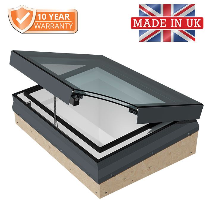 Flat Glass Rooflight with builder's upstand and Electric Motor Opening - 7016 Anthracite Grey PPC Aluminium Frame from Rainclear Systems