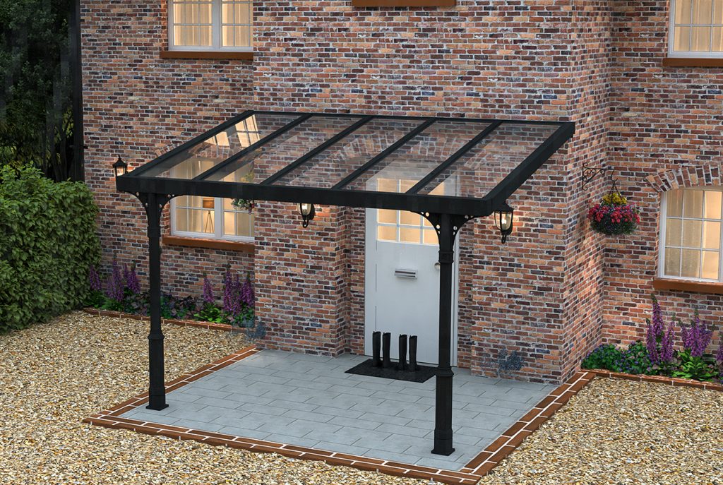 Image 3. 4x3m Heritage Veranda (with Victorian style posts) in black with laminated glass roof panels