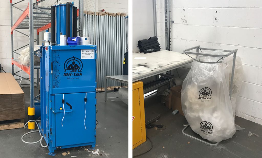 Image  2. The Mil-Teck baler machine and the collected clean plastic waste that will be ‘baled’ and recycled by Swindon Metal Recycling.