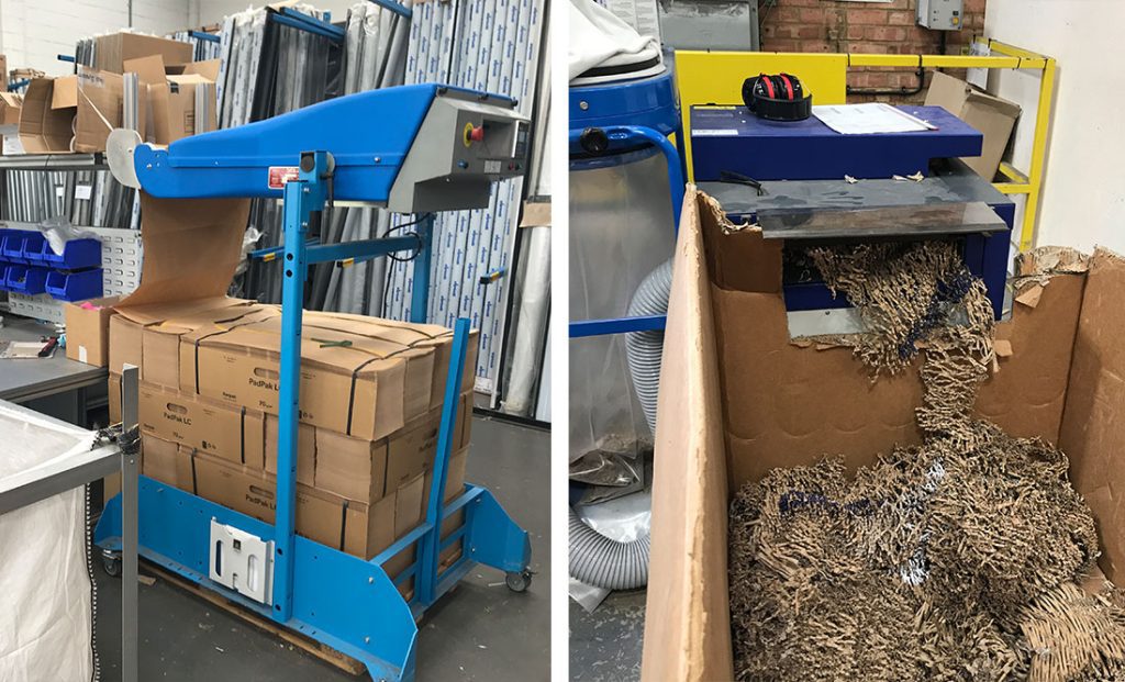 Image  3. The bought-in void-fill paper dispensing machine and the new larger cardboard shredder creating alternative void-fill from incoming cardboard boxes that can’t be reused.